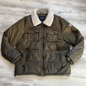 GUESS Men's Dark Green Puffer Jacket with Sherpa Collar